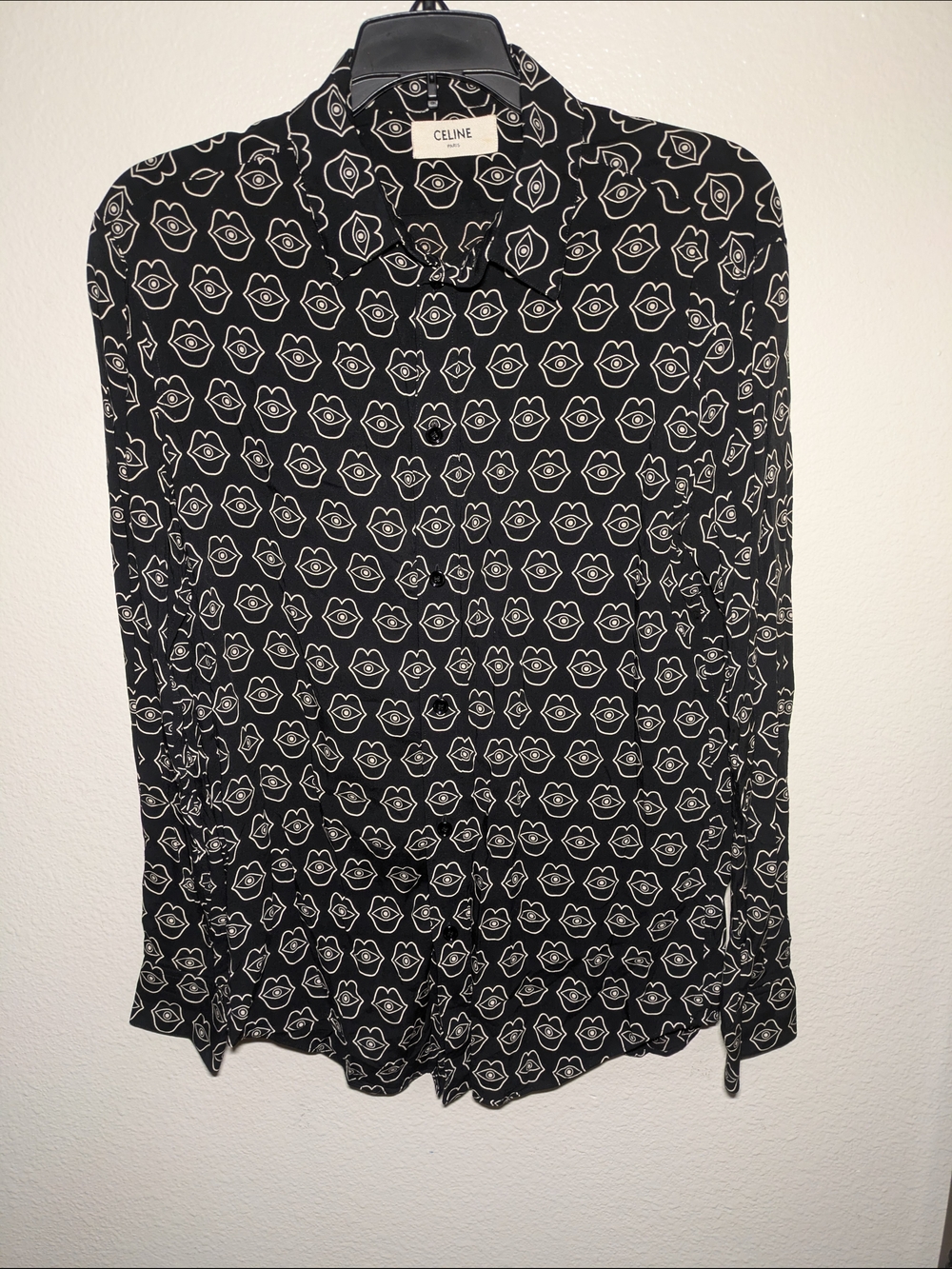 Celine Men's Black Viscose Printed  Button-Up Shirt